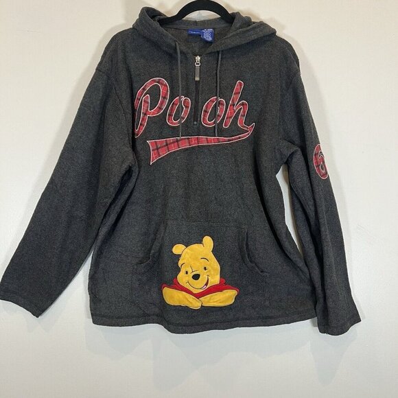Disney Winnie the Pooh 1/4 Zip Fleece Hoodie Unisex Gray with Plaid POOH 66 XL - Picture 1 of 13